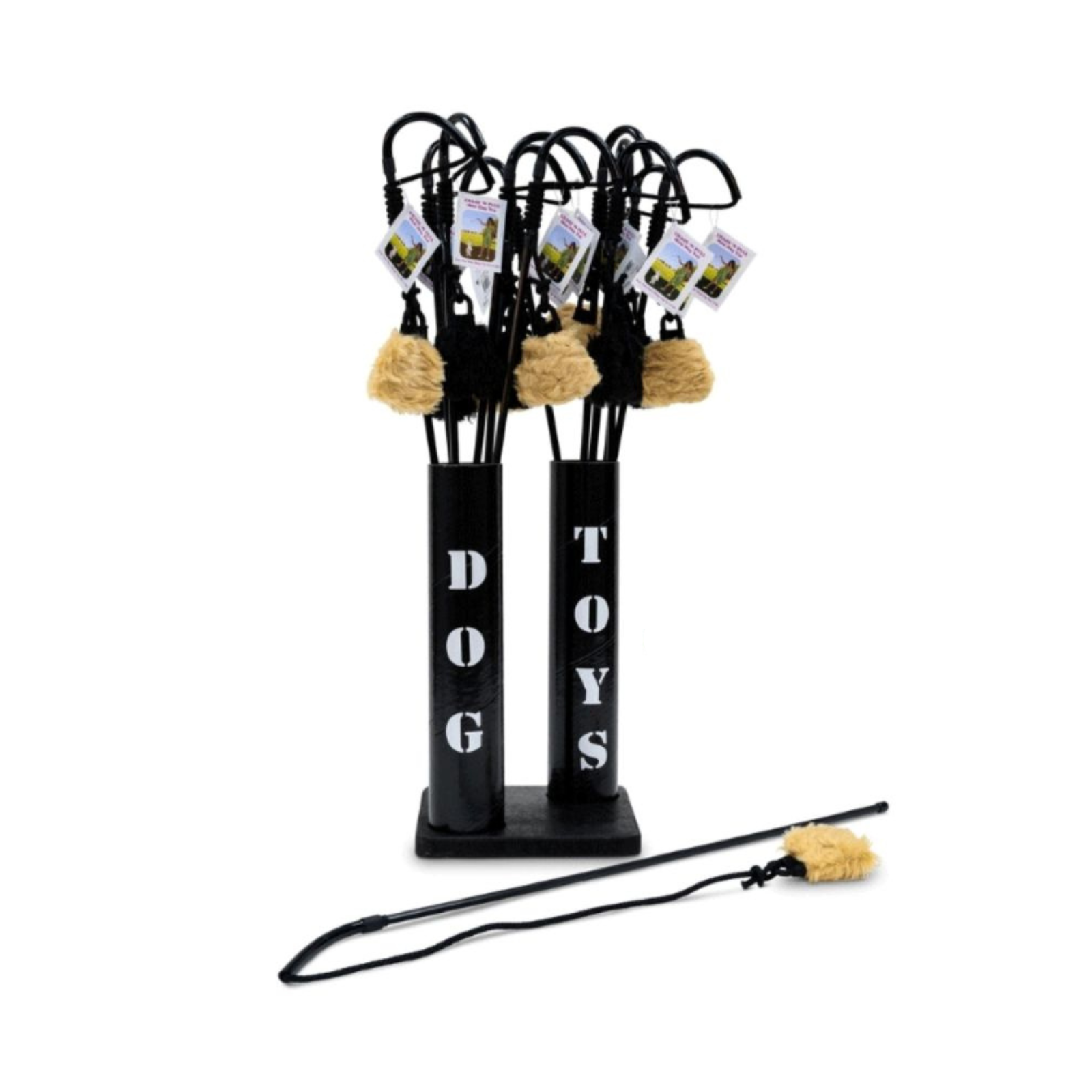 Black stand with 'DOG TOYS' text holding dog toys on a white background