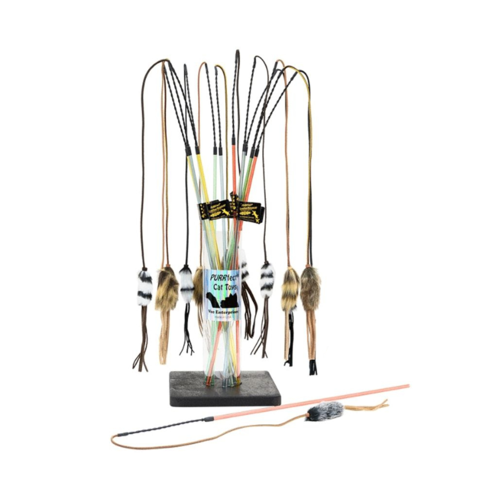 Collection of cat toys on a stand with a white background