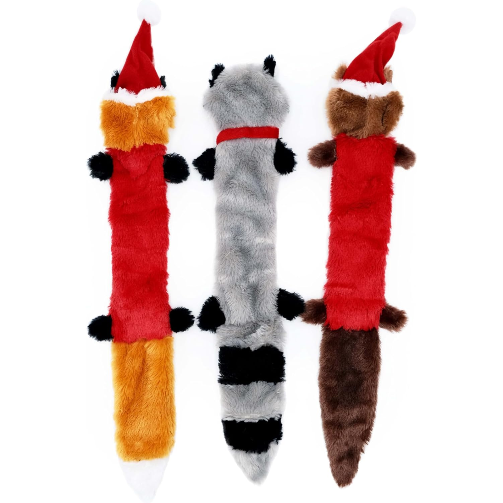 Three plush dog toys shaped like animals on a white background