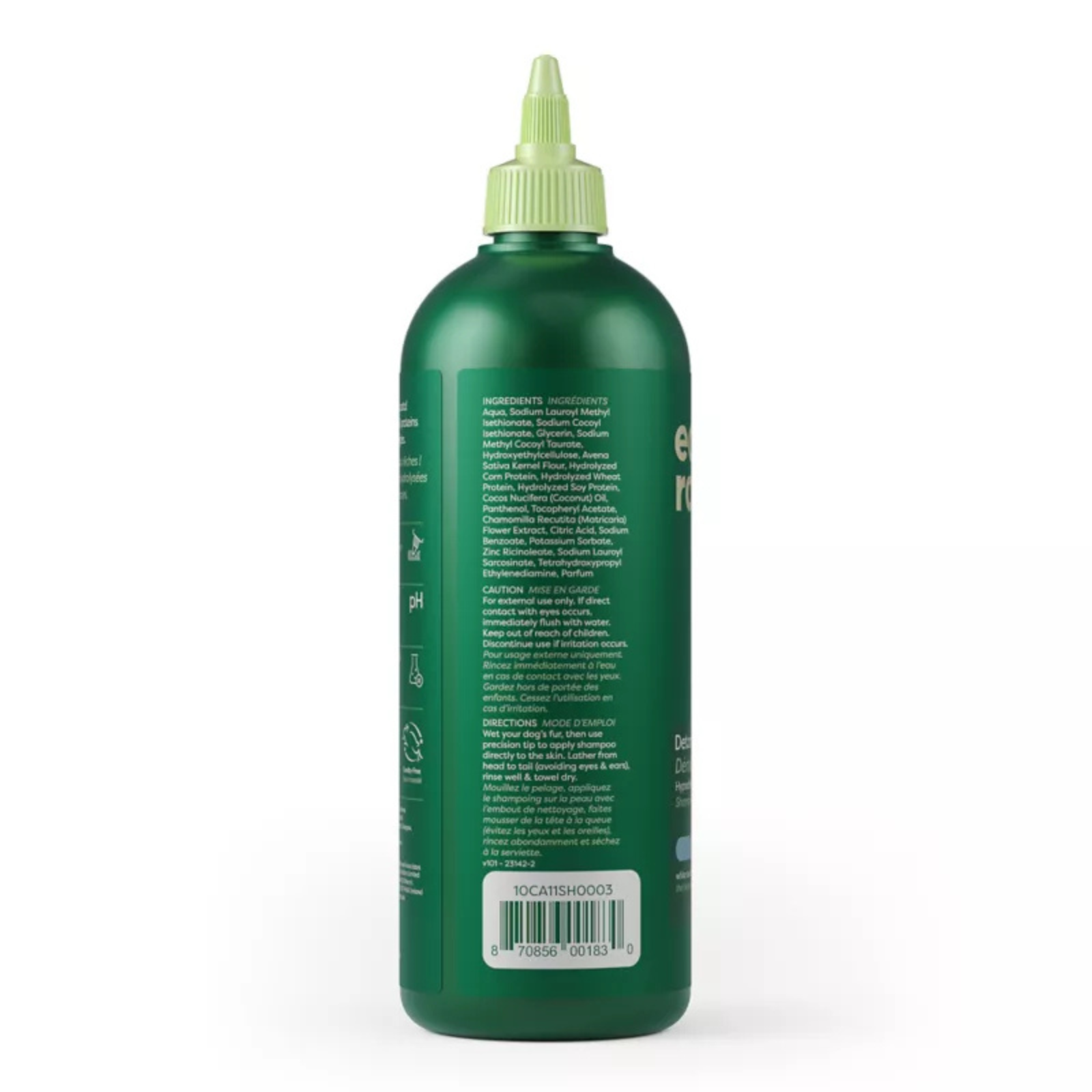 Green bottle with a white label on a white background