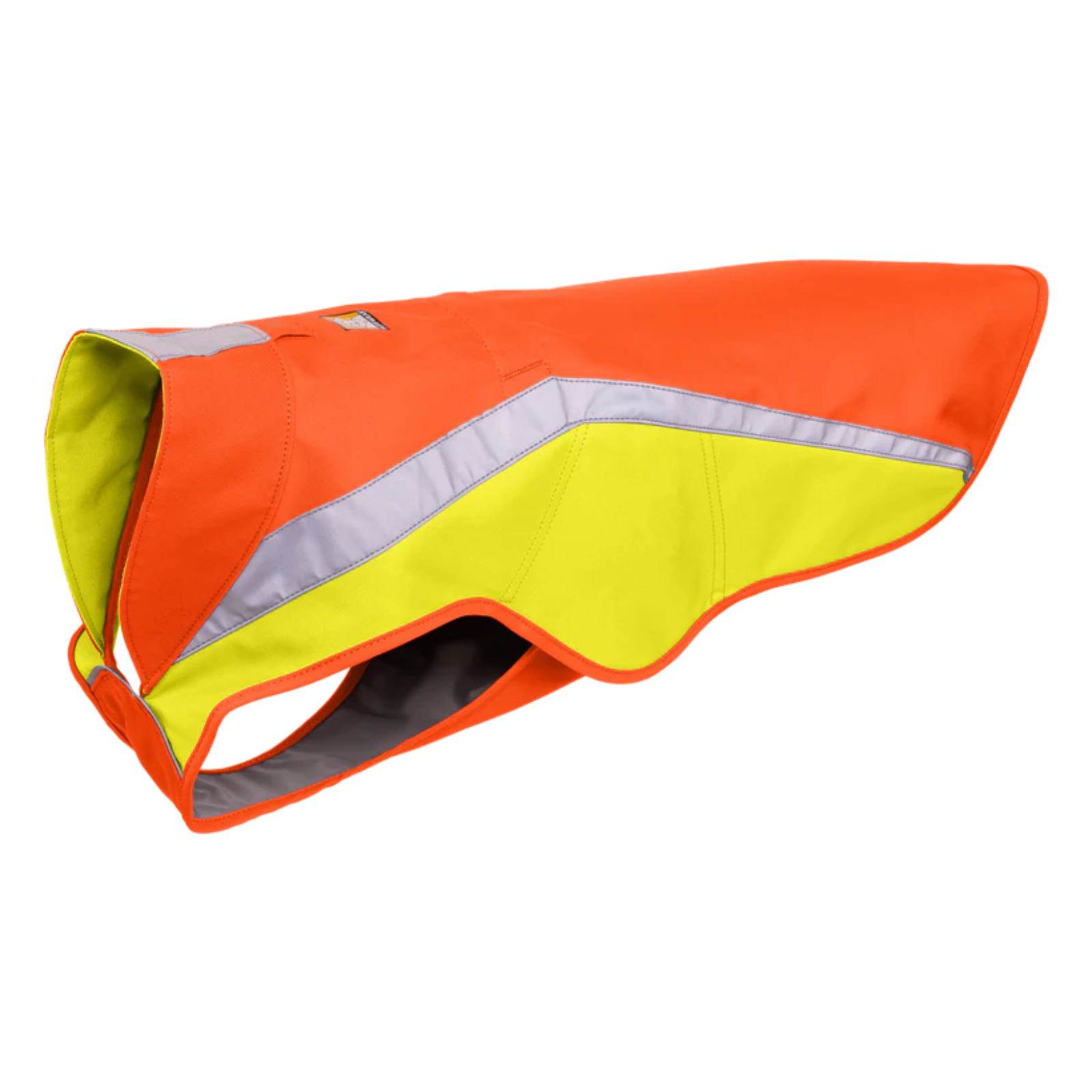 Reflective dog jacket with orange and yellow colors on a white background