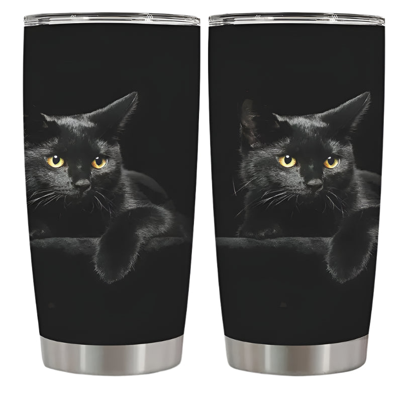Two black tumblers with a black cat design on a white background
