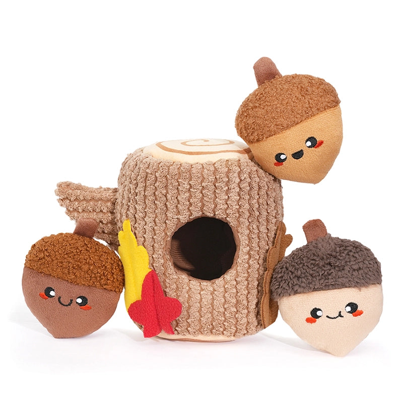 Plush toy set with a tree stump and acorn characters on a white background