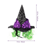 Witch hat with spider web design, purple bow, and green hair extensions with measurements on a white background.