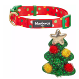 Red polka dot dog collar with green accents and a Christmas tree-shaped toy on a white background.