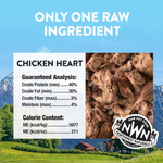 Northwest Naturals raw pet food packaging with chicken heart ingredients and nutritional information against a scenic background.