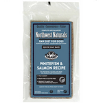 Package of Northwest Naturals raw diet for dogs with whitefish and salmon recipe on a white background