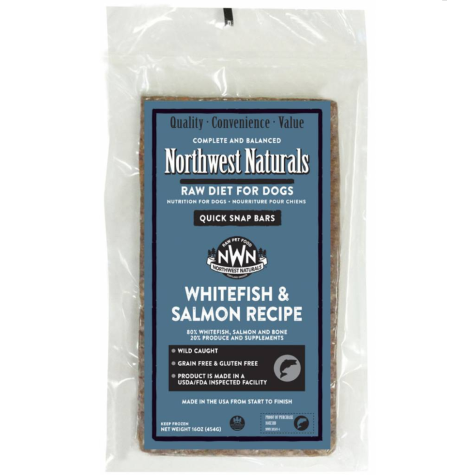 Package of Northwest Naturals raw diet for dogs with whitefish and salmon recipe on a white background