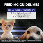 Feeding guidelines for pets with a cat and dog in the foreground.