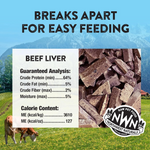 Beef liver product with guaranteed analysis and calorie content displayed, set against a scenic background.