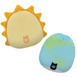 Two plush toys resembling a lion and a globe on a white background