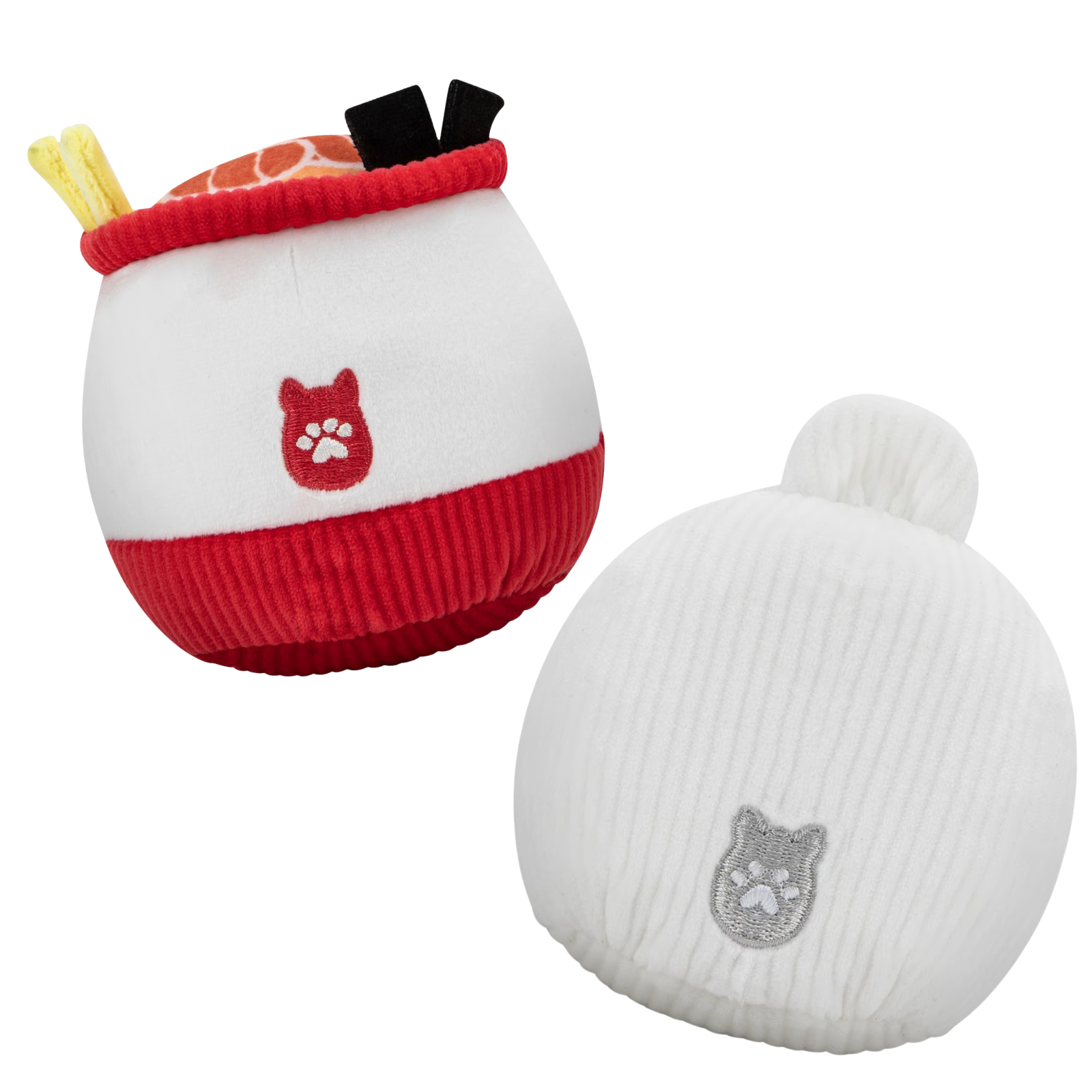 Two round dog toys, one red and white with a paw print, the other white with a paw print logo, on a white background.