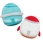 Two plush toys, one blue and white striped with a white band, and the other red and white with flames, on a white background.