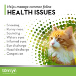 Cat with health issues text and Tomlyn logo
