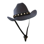 Black cowboy hat with a black band featuring gold stars on a white background