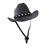 Black cowboy hat with a black band featuring gold stars on a white background
