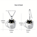 Cat-shaped jewelry set with measurements on a white background