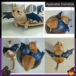 Cat wearing a bat costume in various poses on a tiled floor.