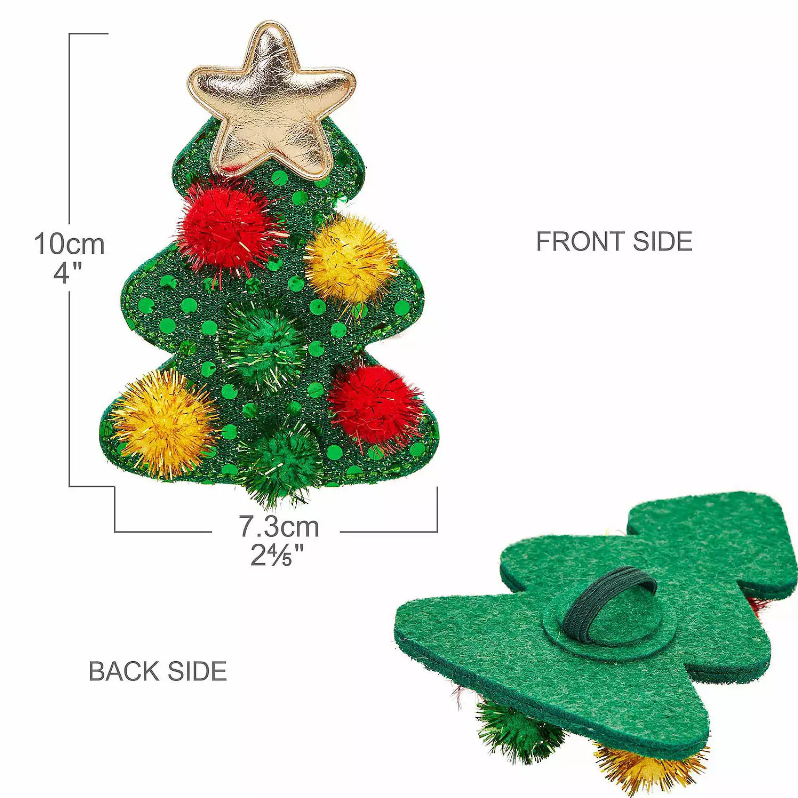 Green Christmas tree-shaped brush with pom-pom decorations and measurements on a white background