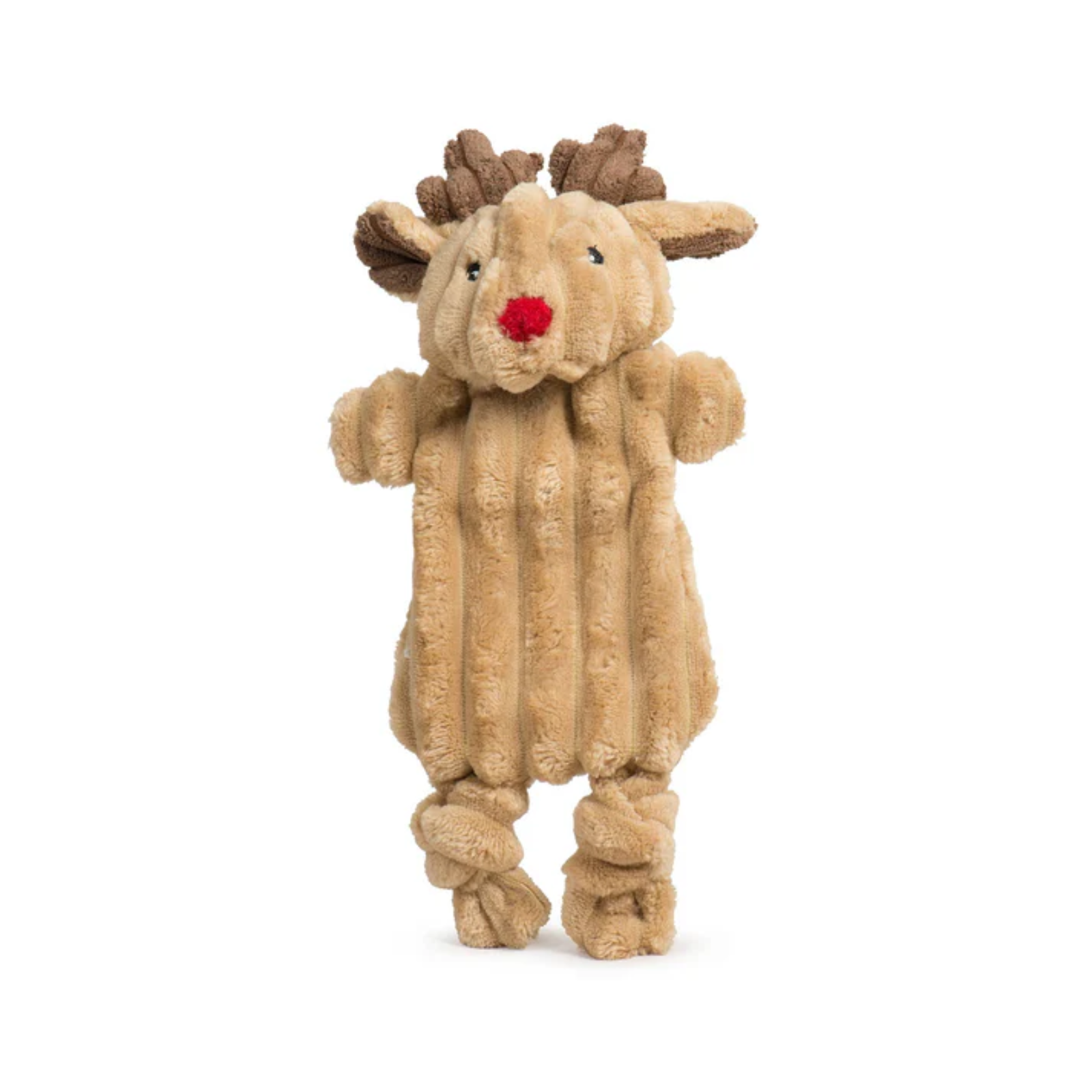 Plush reindeer toy with a red nose on a white background