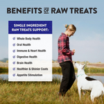 Person walking a dog with text about the benefits of raw treats on a blue background