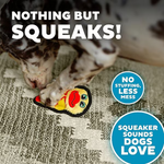Dog playing with a toy labeled 'Nothing But Squeaks' on a textured surface.