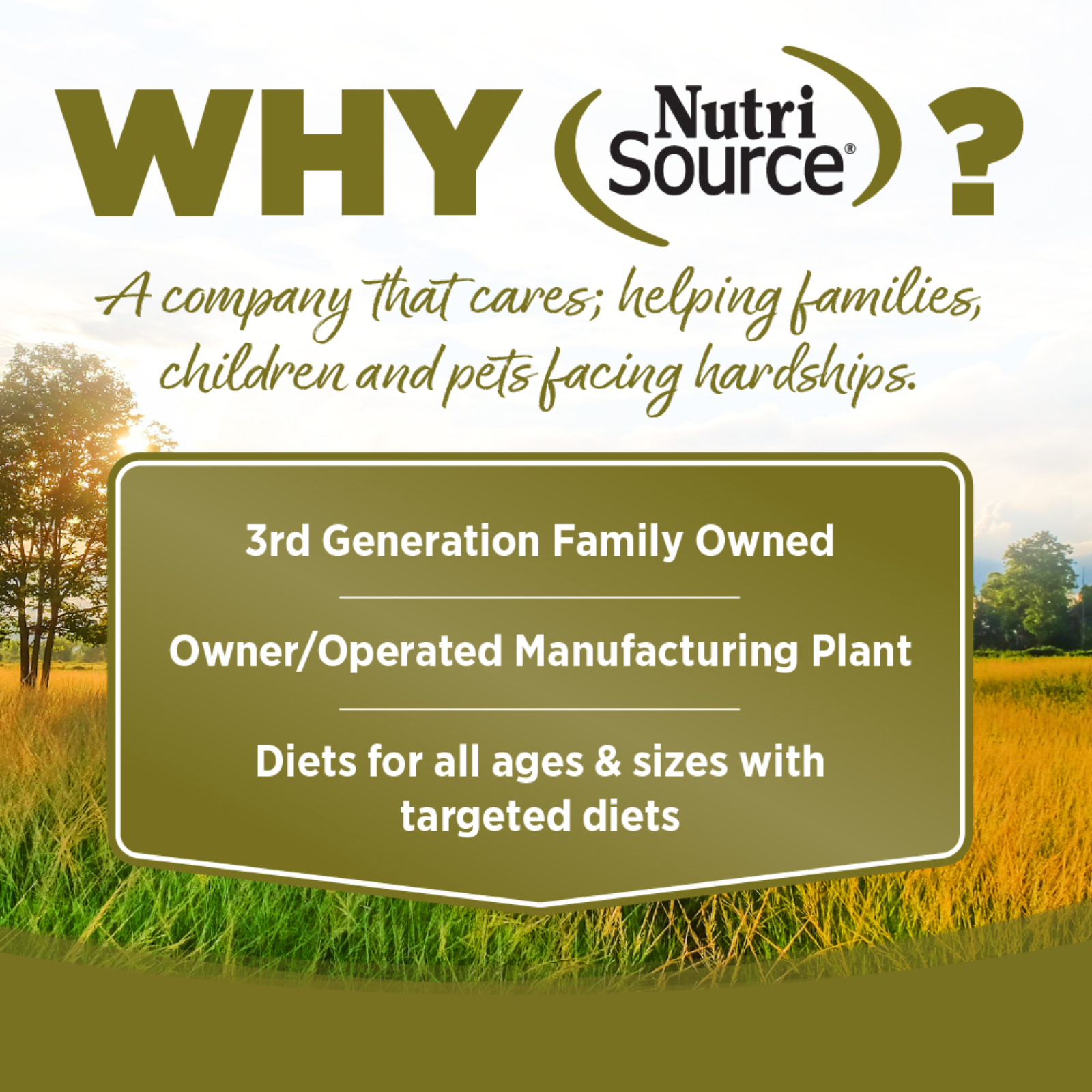 Advertisement for NutriSource with text about the company's values and services, set against a scenic background.