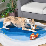 Dog playing with a toy on a blue and white patterned rug in a living room.