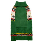 Green knitted dog sweater with pattern on a white background