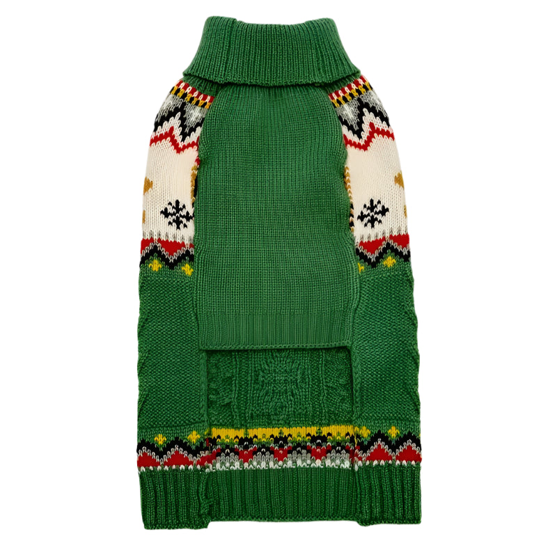 Green knitted dog sweater with pattern on a white background