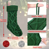 Green knitted Christmas stocking with measurements and fabric texture details on a festive background.