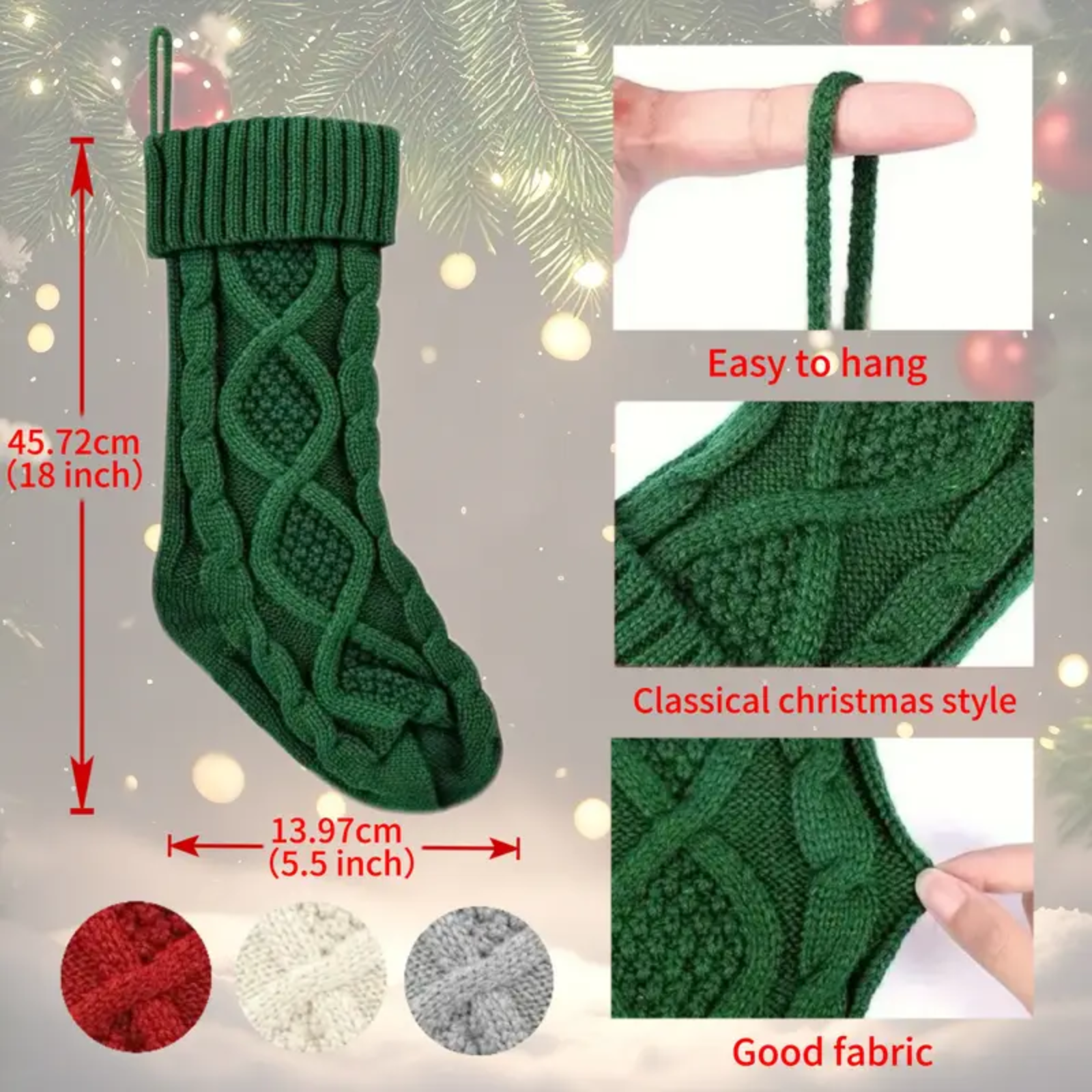 Green knitted Christmas stocking with measurements and fabric texture details on a festive background.