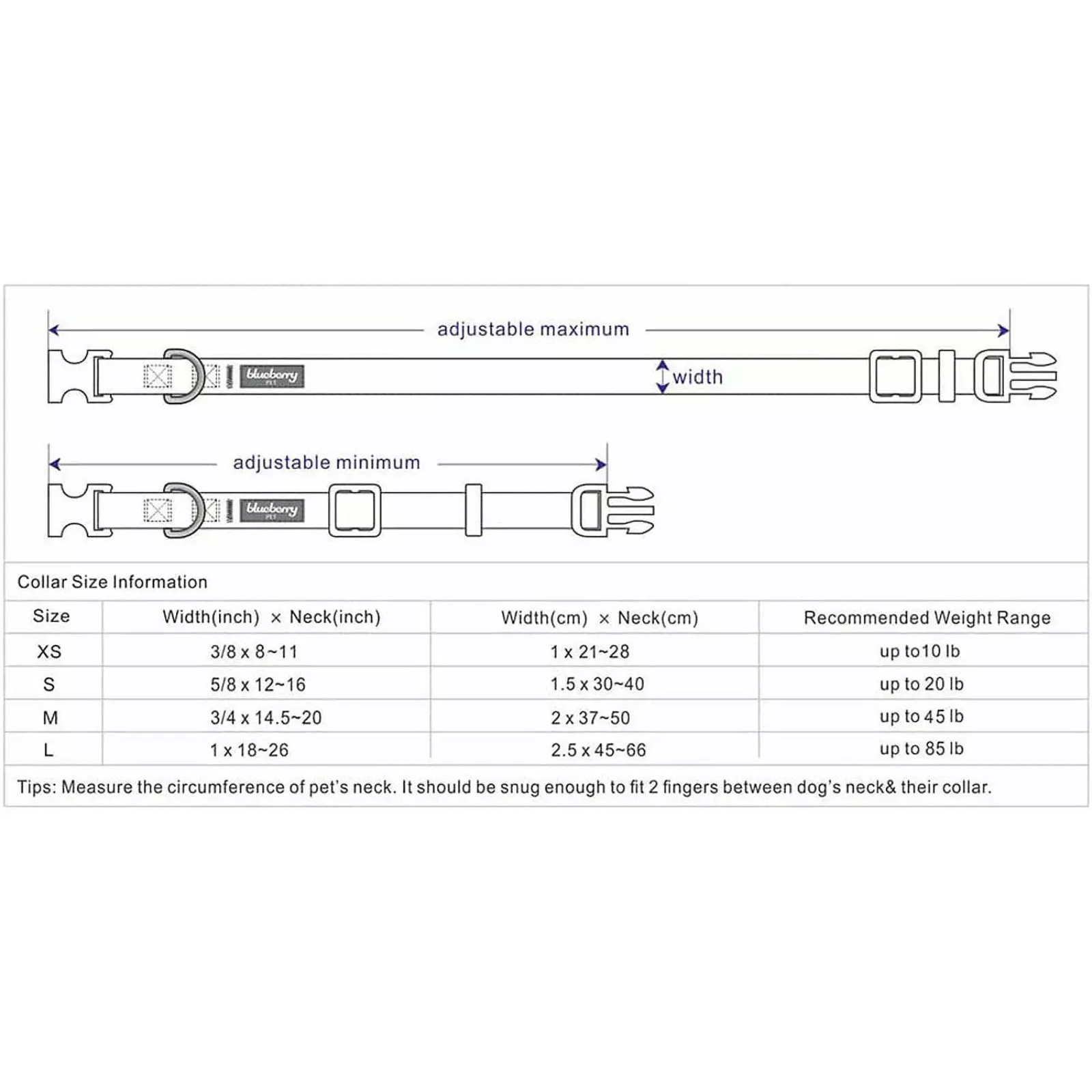 Collar size chart with adjustable measurements and dimensions for dog collars.