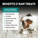 Cat eating from a bowl with text about the benefits of raw treats on a wooden floor.