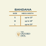 Bandana size chart with neck width measurements and The Oxford Dog logo.