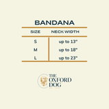 Bandana size chart with neck width measurements and The Oxford Dog logo.