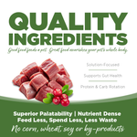 Advertisement for pet food with raw meat and berries on a white background