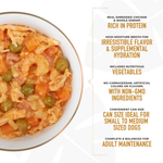 Dog food can with text highlighting ingredients and benefits on a white background