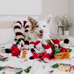 Dog surrounded by festive dog toys on a bed
