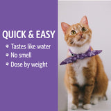 Cat wearing a purple collar with text about a product on a purple background