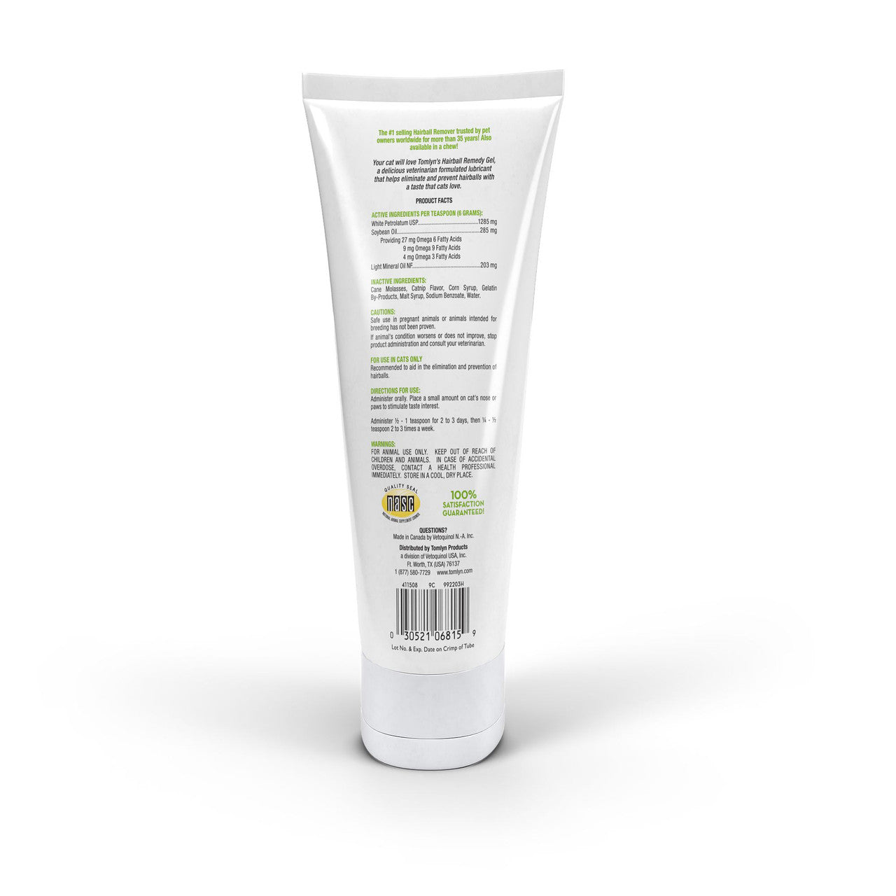 White tube with green text on a white background