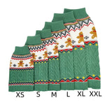 Green dog sweaters with gingerbread design and size labels on a white background