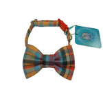 Plaid bow tie with a matching dog collar on a white background