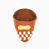 Brown cup holder with checkered pattern and 'CHURROS' label on a white background