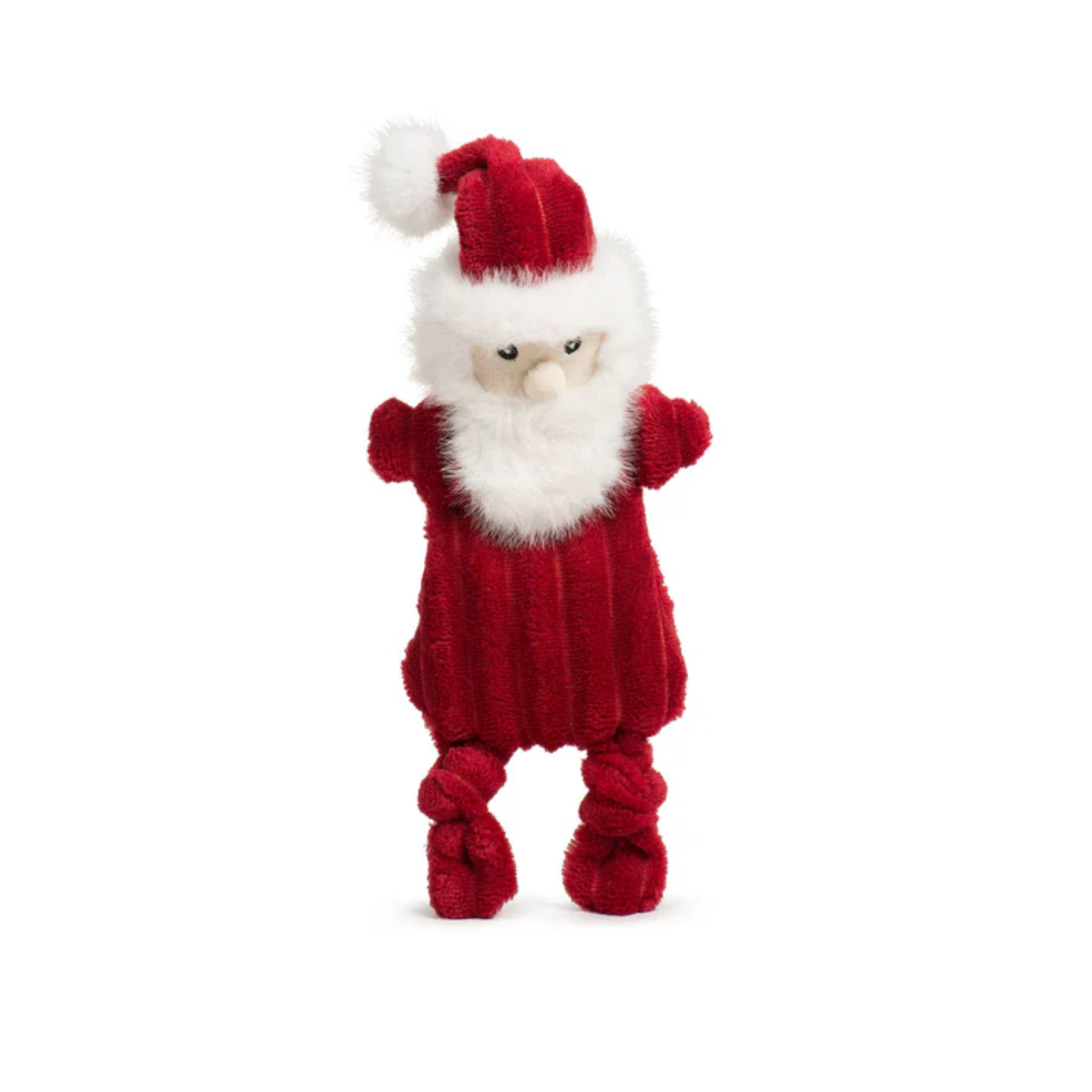 Red plush Santa Claus toy on a white background