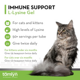 Cat with immune support L-Lysine Gel information on a white background