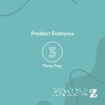Teal background with 'Product Features' text and a number '3' indicating three toys.