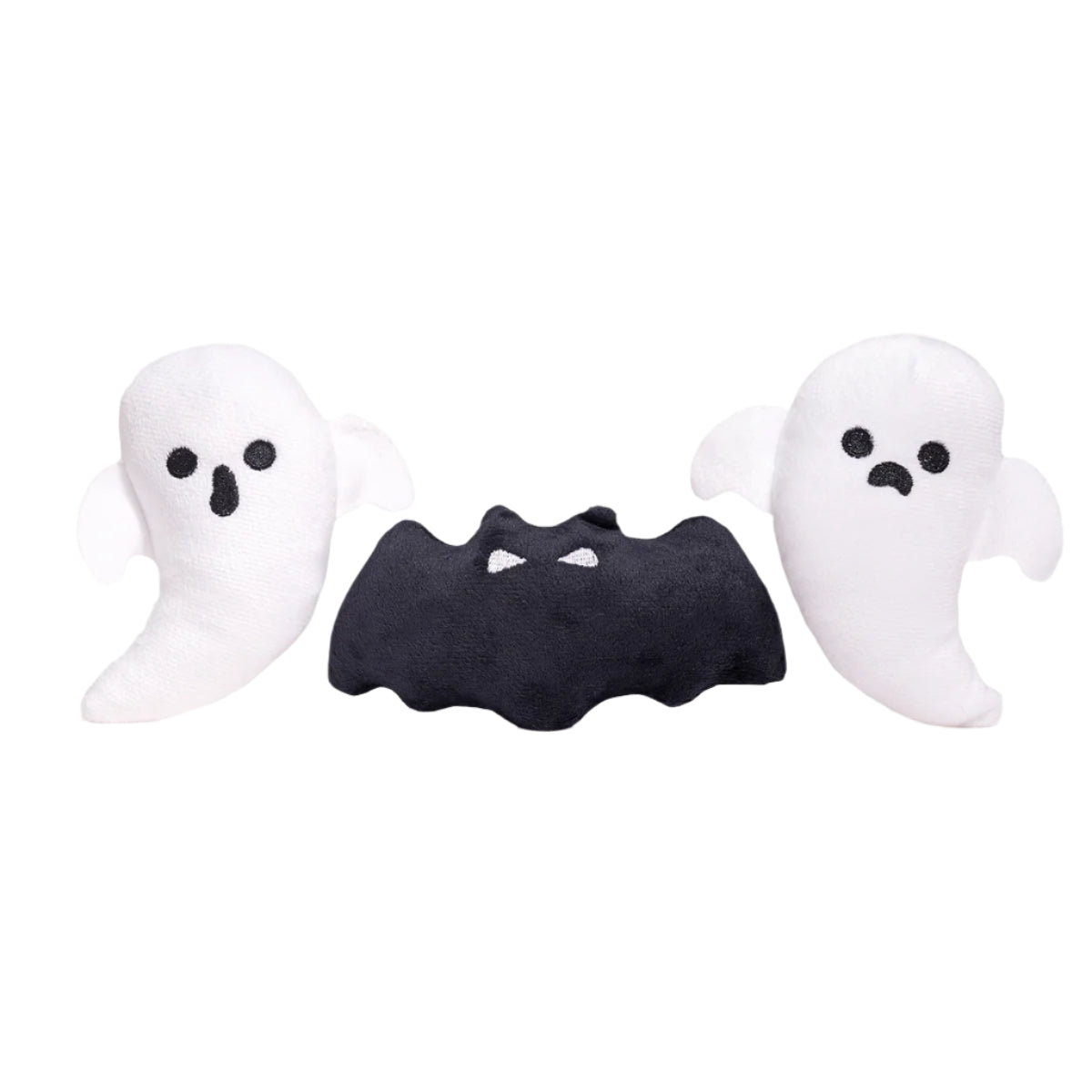 Two white ghost figures and a black bat on a white background