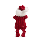 Red plush toy with a white fur hood on a white background