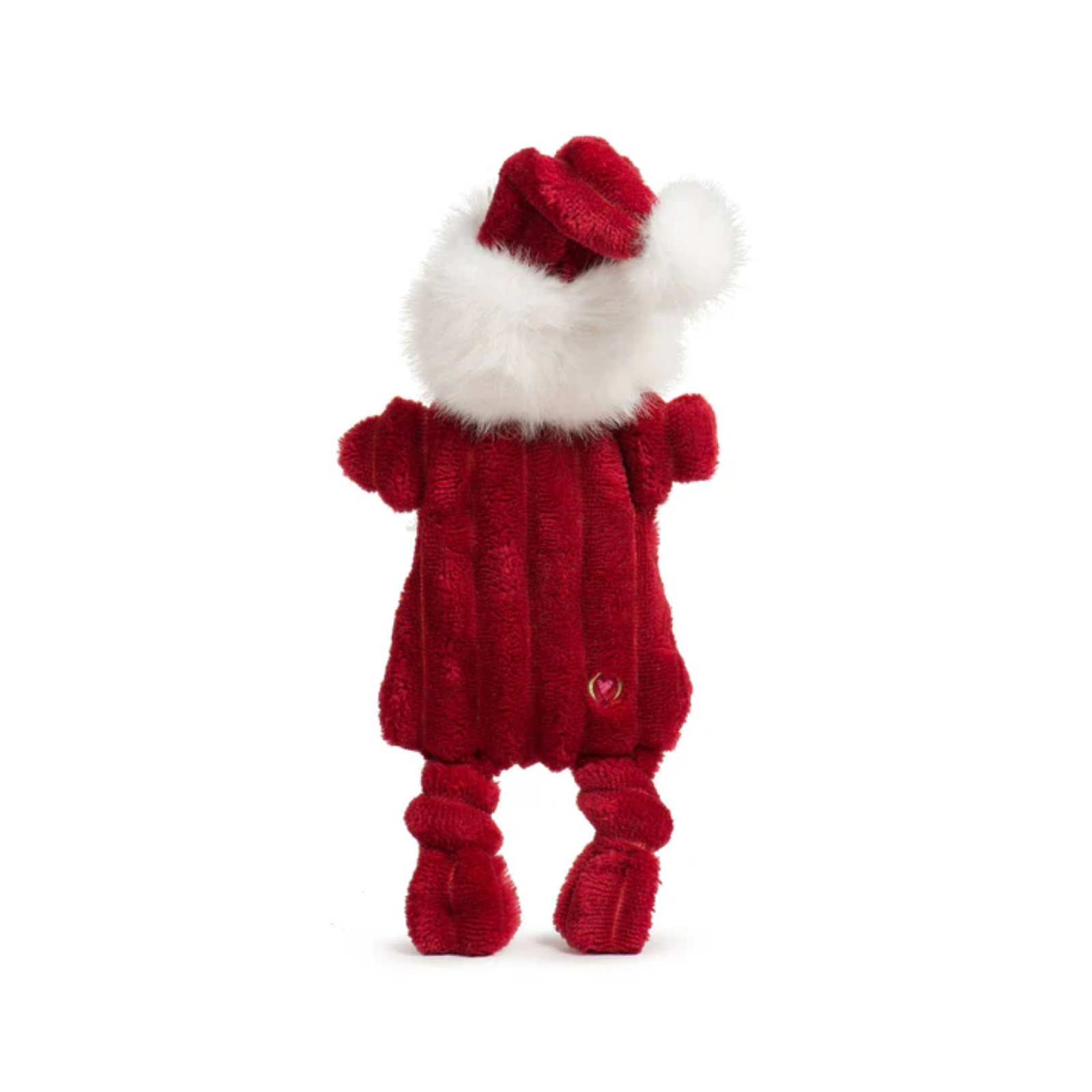 Red plush toy with a white fur hood on a white background